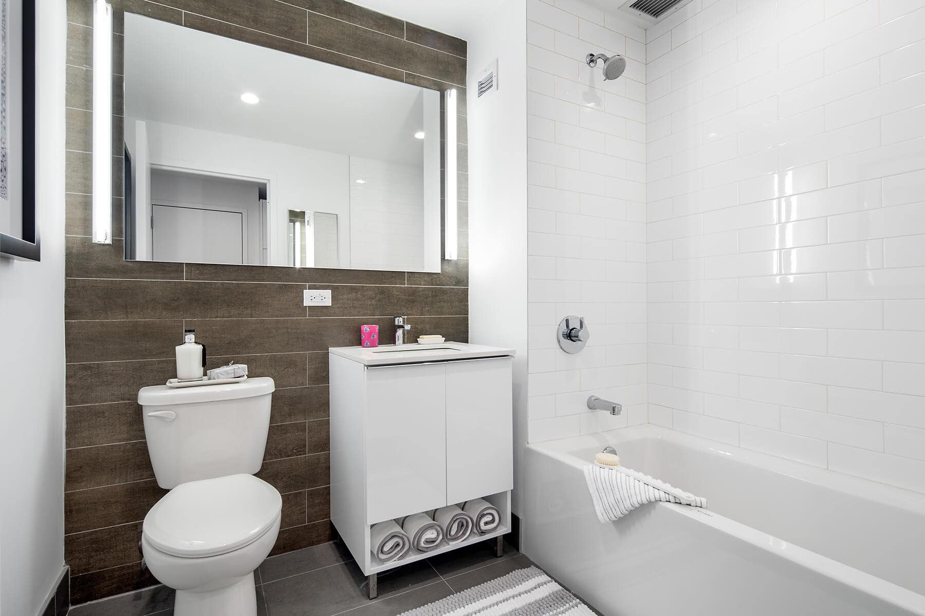 Contemporary Bathroom with White Subway Tiled Shower Bath